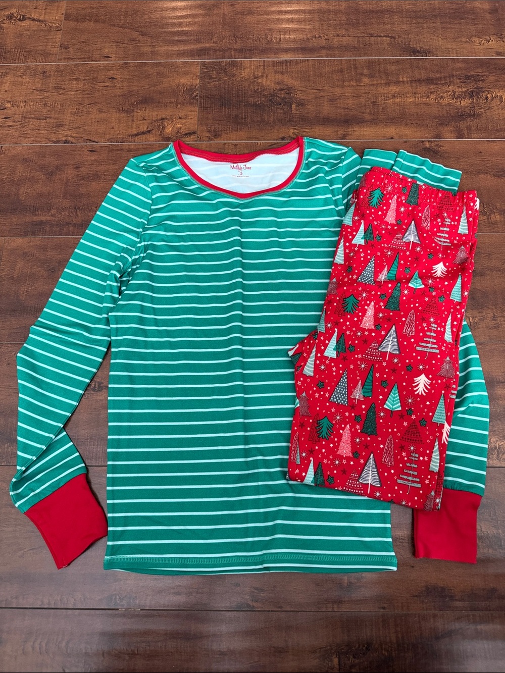 Matilda Jane Green Striped Top with Red Tree-Print Pajama Set